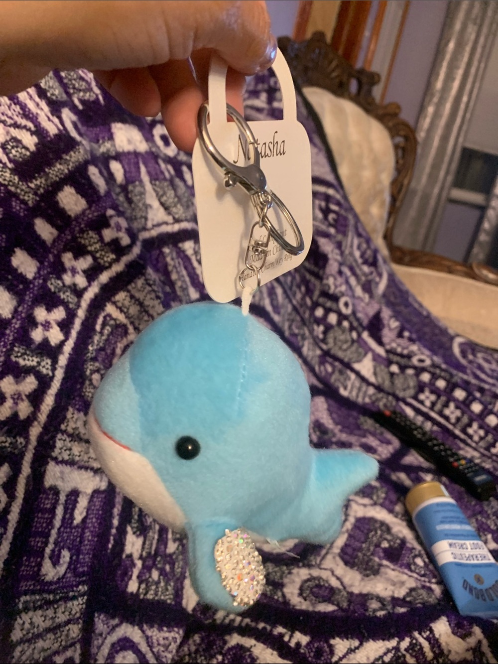 Natasha Blue Whale Plush Keychain with Flower Accent - Picture 3 of 6